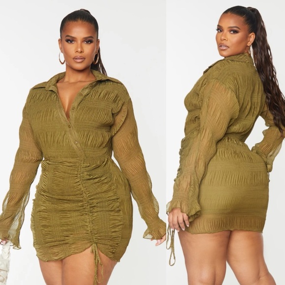 PRETTY LITTLE THING Bodycon Crepe Olive Green Ruched Buttondown Shirt Dress - Picture 1 of 10
